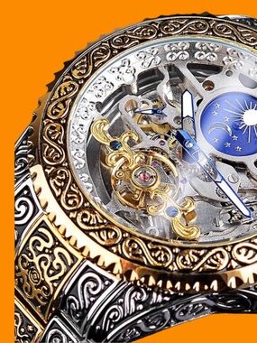 Intricate Gold & Silver Skeleton Mechanical Watch with Blue Accents